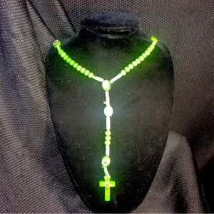Wooden Green Rosary with Crucifixion and Mini Religious Figures